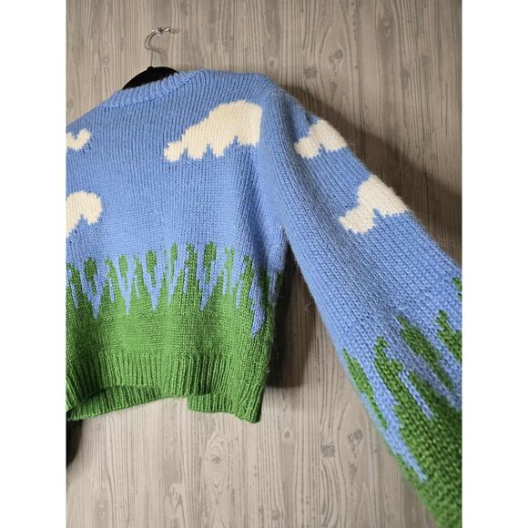 Whimsical Cloud & Grass Knit Sweater | Cropped Pullover | Fits S/M - Picture 2 of 5